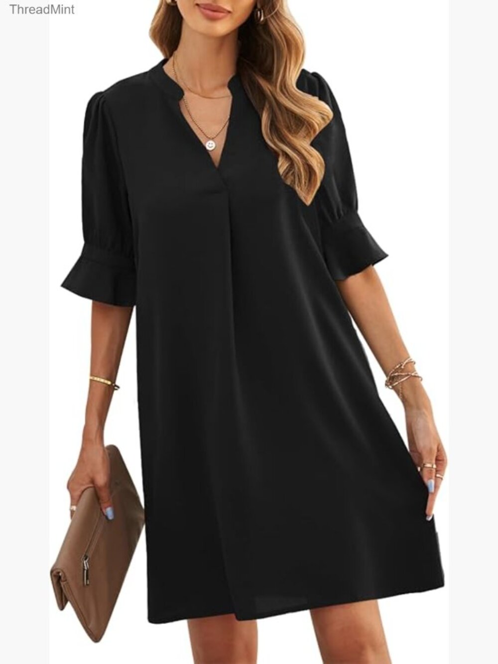 V-Neck Ruffle Short Sleeve Shift Dress Casual Summer Midi Length